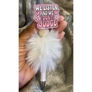 See Pictures!!Spinning fancy funny We Listen & Don't judge black ink pen +refill